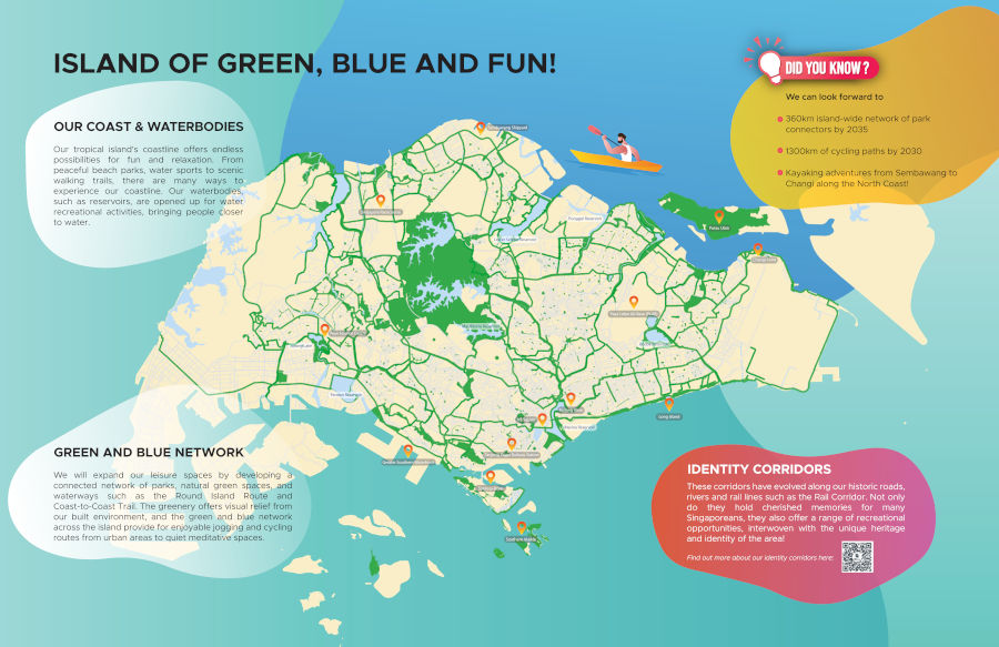 Map of Singapore highlighting green spaces and cycling routes, promoting outdoor recreation and future developments.